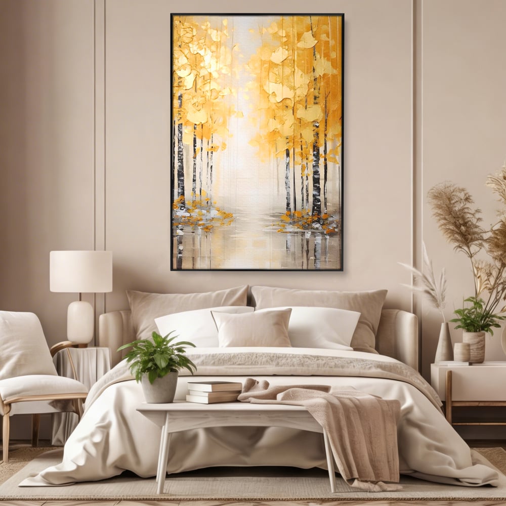 Tablou canvas cu pictura verticala cu padure aurie, in rama de aluminiu negru, pe perete intr-un dormitor